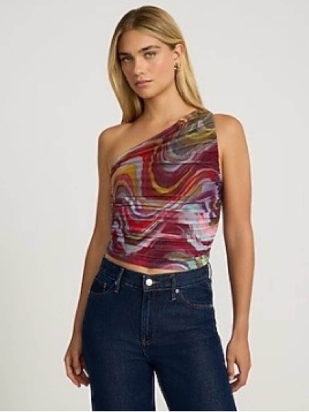 One-Shoulder Multicolor Swirl Print Top